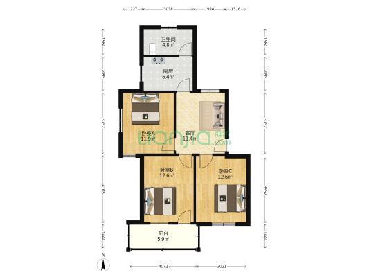 林业花园 3室1厅1卫 82平方