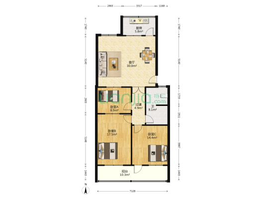 开发公司宿舍 3室1厅1卫 122平方