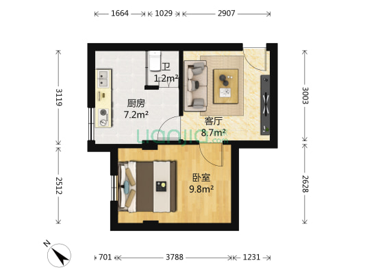雅图花园 1室1厅1卫 36平方