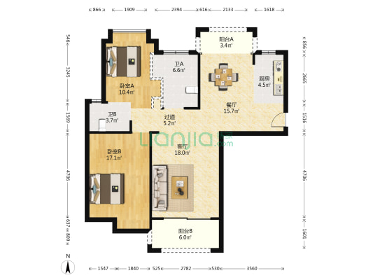 上由珑庭 2室2厅2卫 119平方