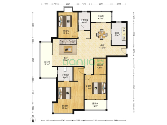 世纪非凡锦城 3室2厅2卫 148平方