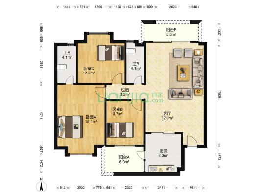 绿嘉芳居 3室1厅2卫 123平方