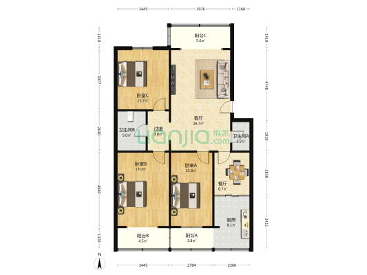 兴庆小区隆庆坊 3室2厅2卫 123平方