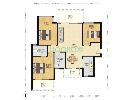 东方尊府 3室1厅2卫 126平方