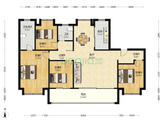 星耀都荟花园B区 4室1厅2卫 141平方