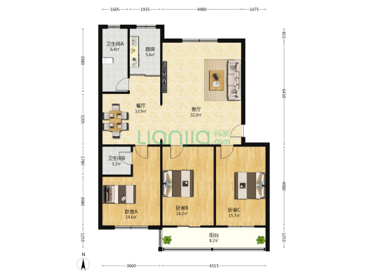 群安实业小区 3室2厅2卫 141平方