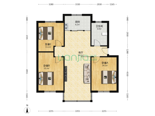 枫林路9号 3室1厅1卫 101平方