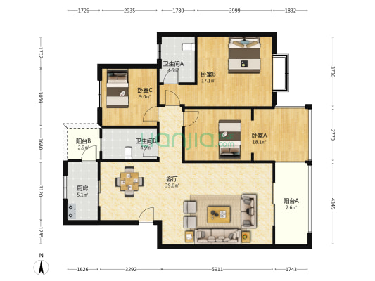 锦泰河畔 3室1厅2卫 121平方