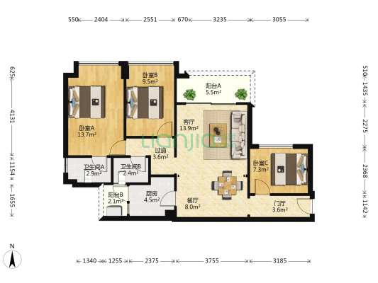 君悦豪庭三期 3室2厅2卫 88平方