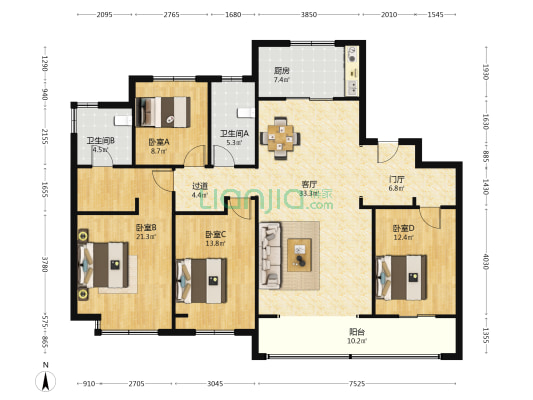 复星国际中心四区 4室1厅2卫 174平方
