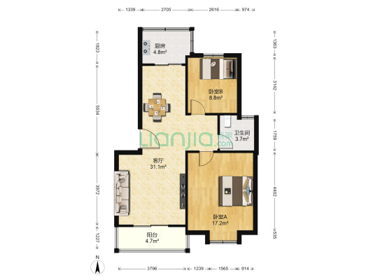 百合家苑 2室1厅1卫 85平方