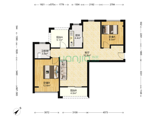 越秀星汇君泊 2室1厅1卫 90平方