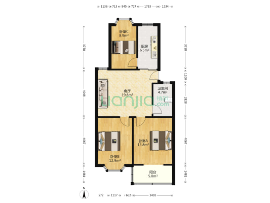 武铁洪山住宅小区 3室1厅1卫 85平方