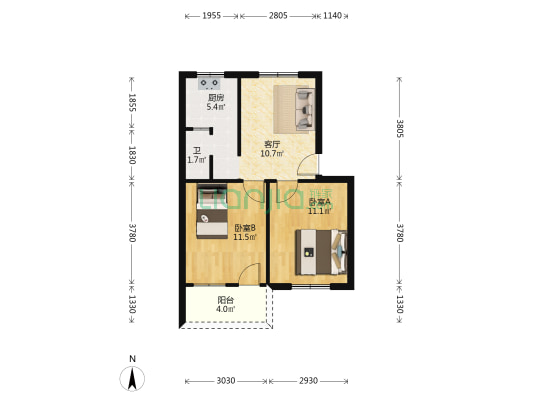 电子七所大院 2室1厅1卫 48平方