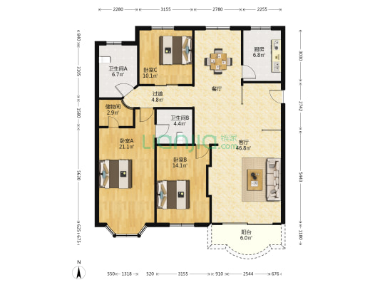 丽景苑(下城) 3室1厅2卫 146平方