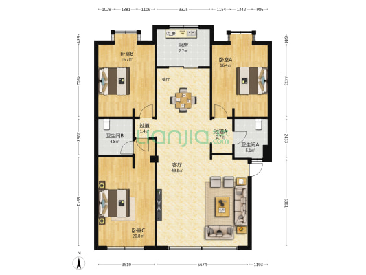 书香苑 3室1厅2卫 148平方