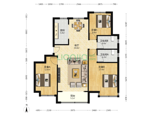 恒盛官港湖上 3室1厅2卫 121平方