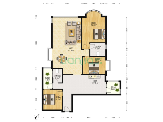 銘湖經典 3室1厅2卫 163平方