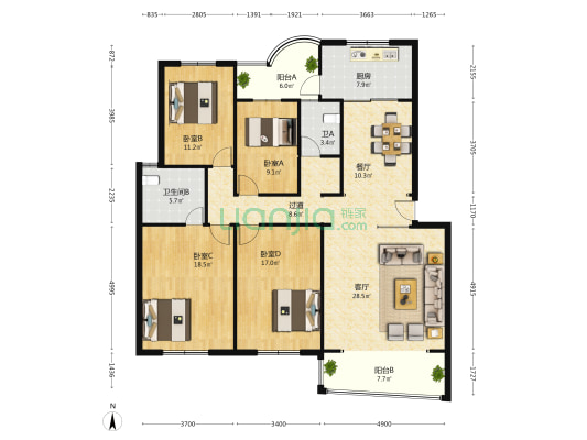 幸福花园 4室2厅2卫 151平方