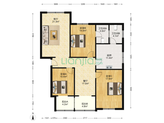 电业小区B 3室2厅2卫 130平方