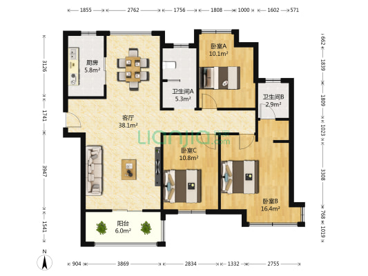 绿地中央广场香缇公馆 3室1厅2卫 124平方