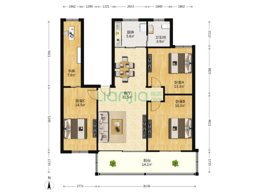 解放路553号 4室1厅1卫 125平方