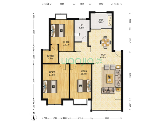 御景花园(张家港市) 3室1厅1卫 128平方