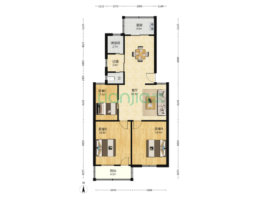 长坝新村康虹苑二区 3室1厅2卫 98平方
