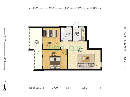 金海岸大道西406号 2室1厅1卫 55平方