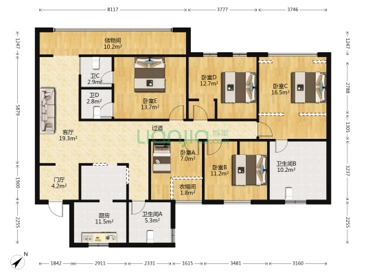 名门广场北区 5室1厅4卫 189平方