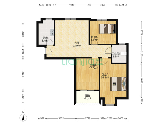 京福花园嘉兰苑 3室1厅1卫 129平方