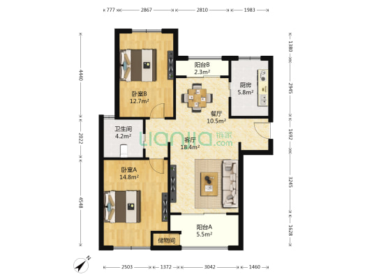 新城悠活城 2室2厅1卫 90平方