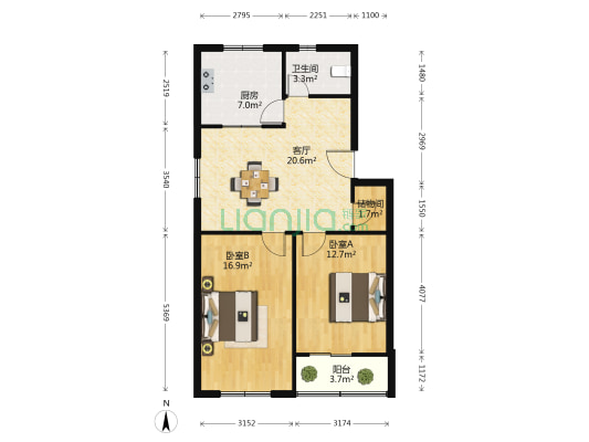 金侨苑 2室1厅1卫 81平方