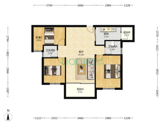 海港成新干线 3室1厅2卫 85平方