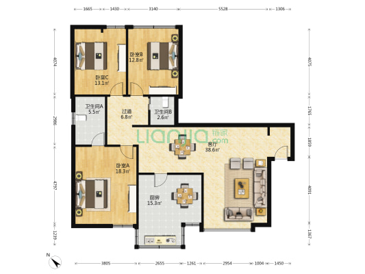 百花竹苑 3室1厅2卫 134平方