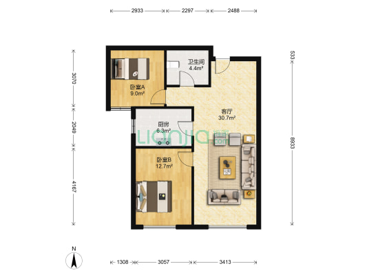 鸿坤中等装修两居室，满五年，好位置好楼层-户型图