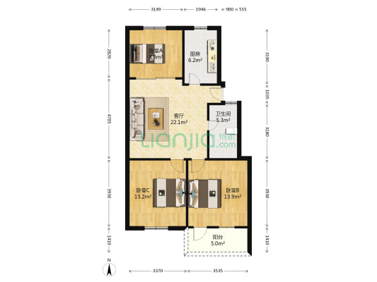 红建新村南区 3室1厅1卫 85平方
