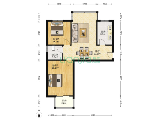 清风阳光苑 2室1厅1卫 95平方