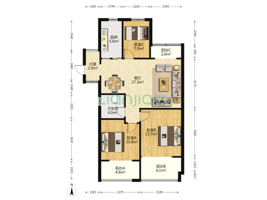 金色阳光城 3室1厅1卫 104平方