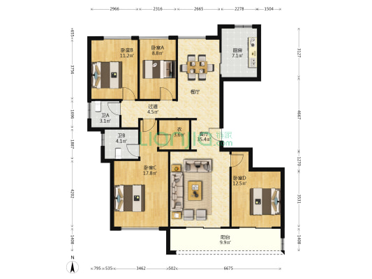 绿城桂冠东方三区 4室1厅2卫 145平方