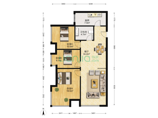 凤凰城梧桐苑南区 3室1厅1卫 105平方