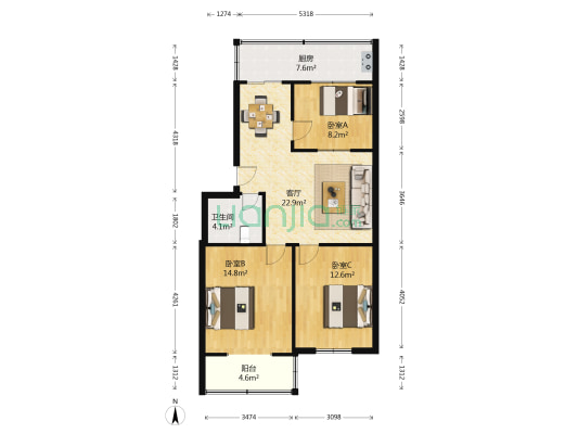 少管所小区 3室1厅1卫 87平方