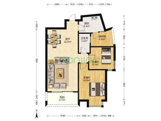 国际新城 2室1厅1卫 84平方