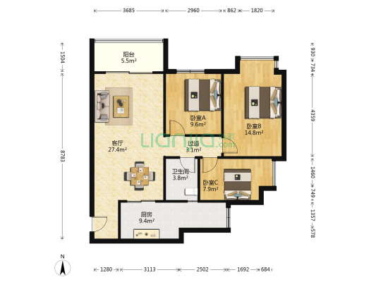 渝康花苑 3室1厅1卫 100平方