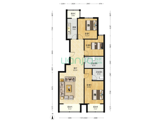 恒嘉嘉园 3室1厅2卫 126平方