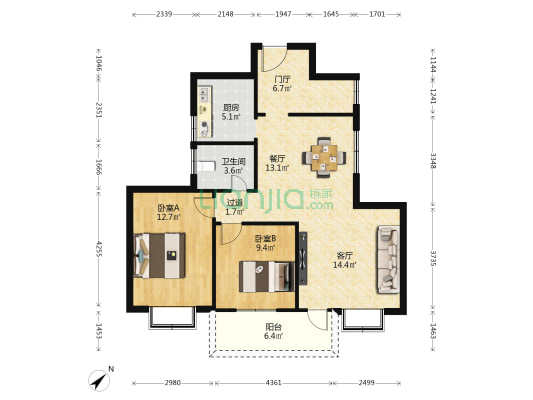 南国中心 2室2厅1卫 88平方