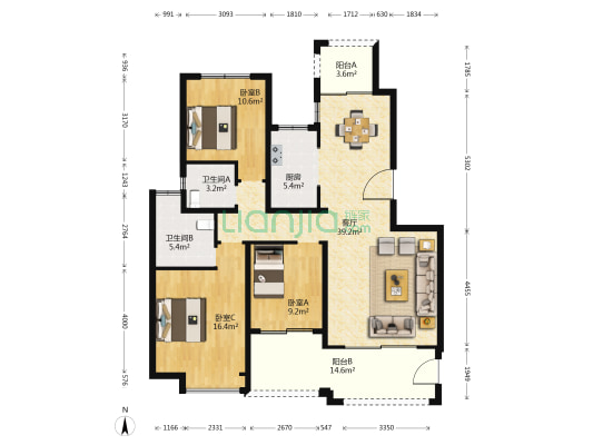龙金首府 3室1厅2卫 141平方