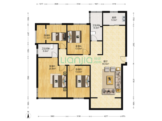 晖达新天地 4室1厅2卫 173平方