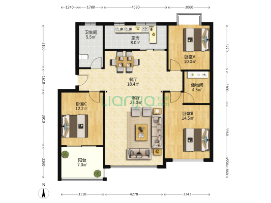 贵和福苑 3室2厅1卫 173平方