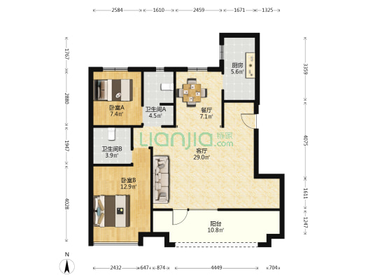 和达海映山 2室2厅2卫 103平方